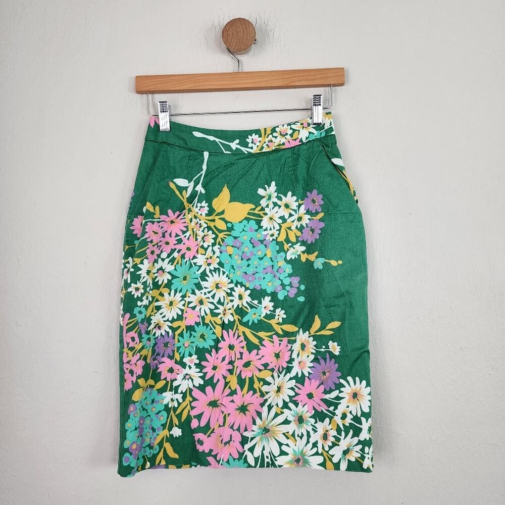 Anthropologie Odille Abronia Green Floral Botanical Pencil Skirt Pockets 0